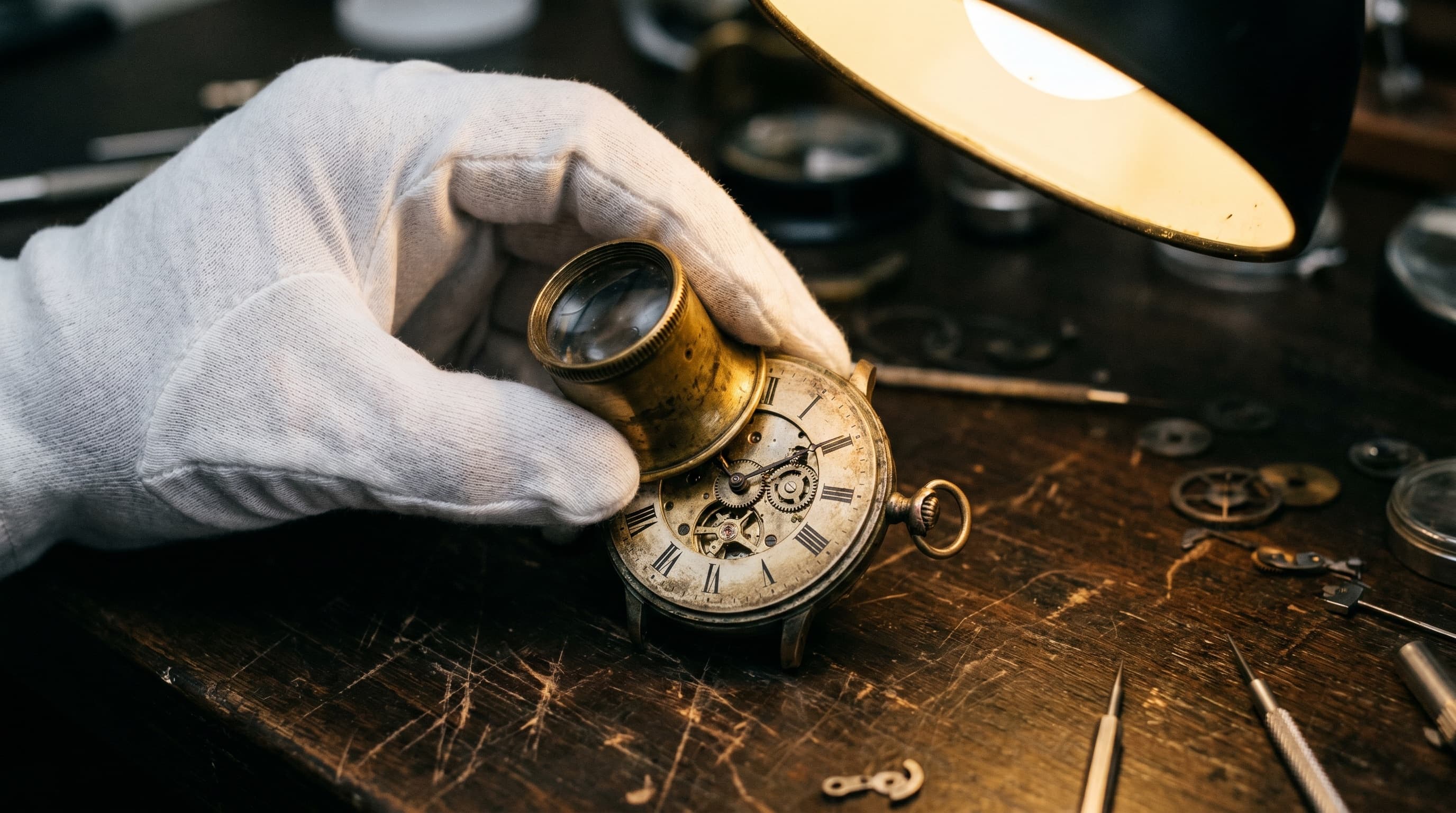 Macro: gloved hand inspecting hardware with a jeweler's loupe