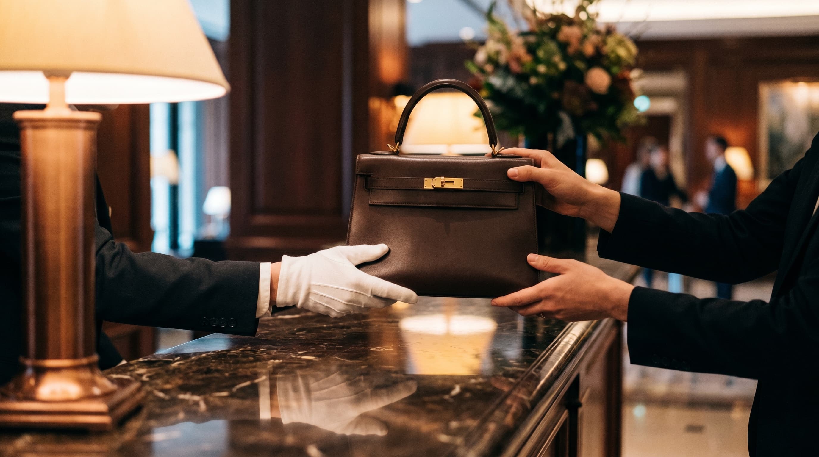 White-gloved hand receiving a handbag at a hotel lobby desk