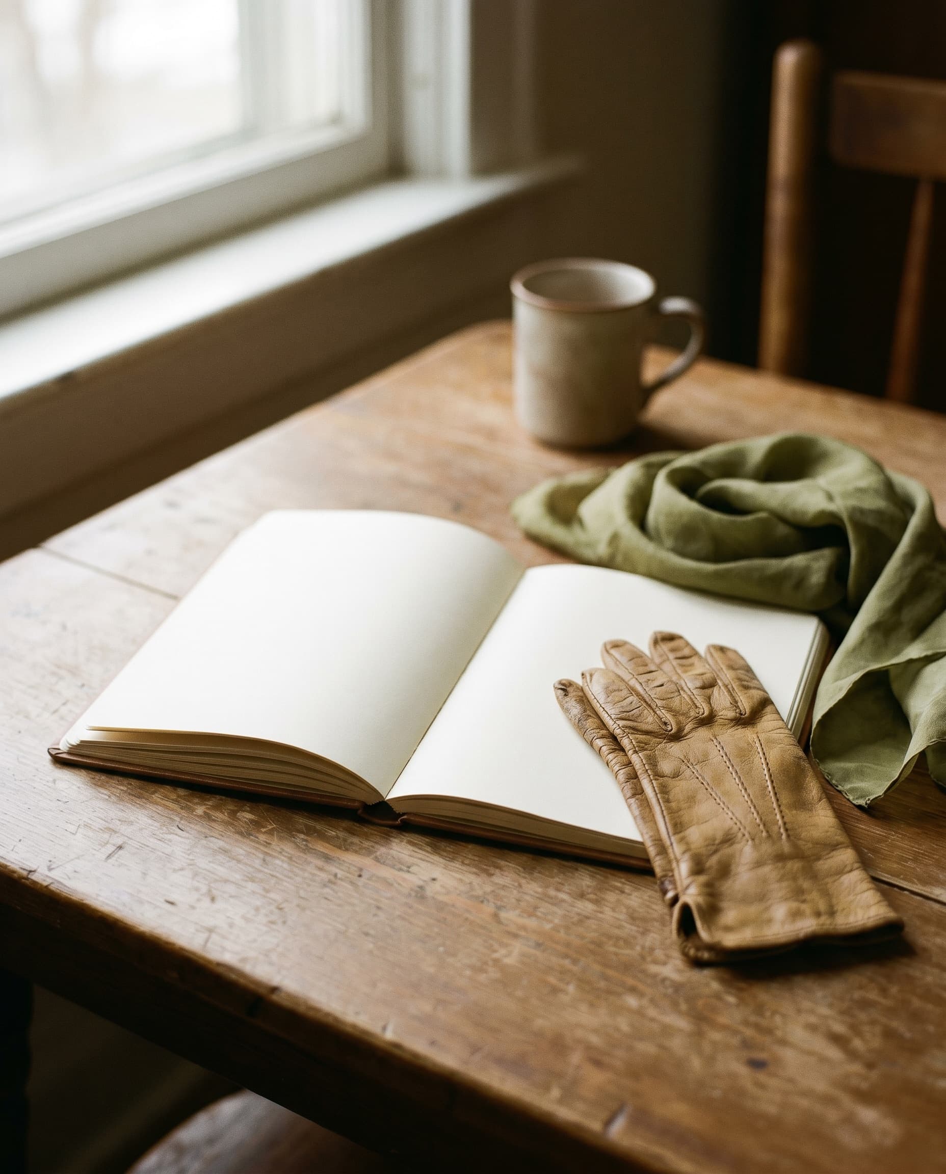 Editorial: open notebook, vintage glove, scarf in soft light