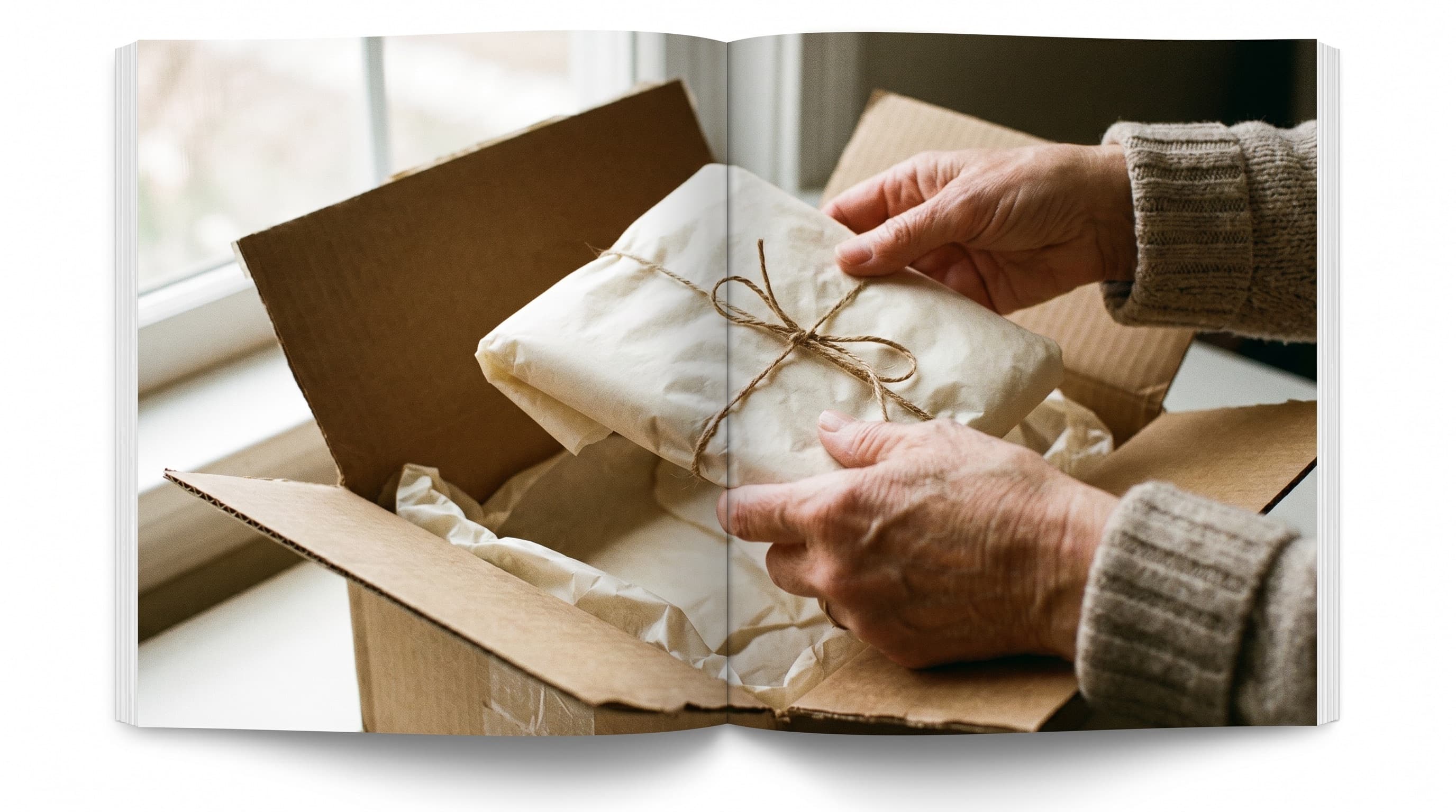 Hands placing a wrapped handbag into a shipping box